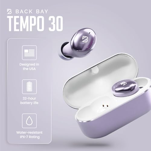 Back Bay Audio Tempo 30 Wireless Earbuds for Smaller Ears – Award-Winning Sound in Sweatproof Design, Ultra-Comfortable Bluetooth Earbuds for Women, Purple Finish with Long Battery Life and Enhanced Compatibility for Daily Use