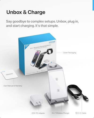 Intoval 3-in-1 Wireless Charging Station: Sleek Fast Charger for i Phone 16/15/14/13/12/11/X Pro Max, Apple Watch 10 Ultra/3 SE/9/8/7/6/5/4/3/2, and Air Pods Pro/4/Pro 2/3 – Ultimate Compatibility and Efficient Power Management in Stylish Silver Finish