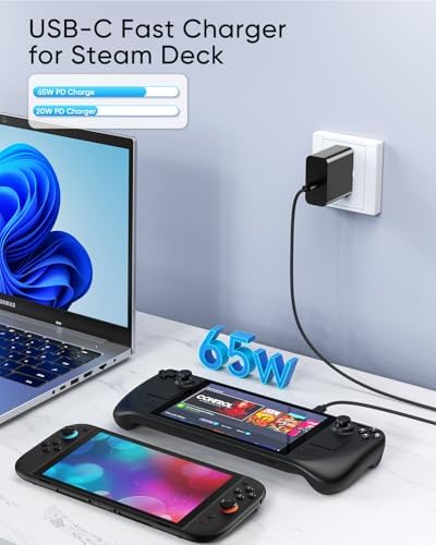 MENEEA 65 W Fast Charger with 10 FT Cable – Optimal Power Solution for Nintendo Switch 2, Steam Deck, & ROG Ally – Advanced PD 3.0 Technology for Swift Charging & Enhanced Gaming Performance – Compact Foldable AC Adapter for Convenient Use & Controller Compatibility