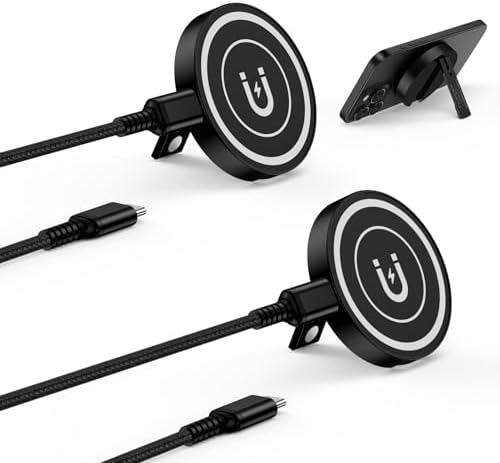 Magnetic Wireless Charger Duo with Kickstand – Fast 15 W Wireless Charging for i Phone 16 Series and Samsung Galaxy S25 Ultra – Enhanced Magnetic Alignment and Stability, Compact Design for Home and Travel – Versatile Phone Stand for Streaming and Video Calls – Ultimate Convenience and Safety Features