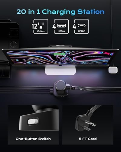 Revolutionize Your Charging Setup with the Flat Plug Power Strip Tower – 10 FT Extension Cord, 40 W Fast Charging Station Featuring 12 AC Outlets and 8 USB Ports (4 USB-C) for Ultimate Device Connectivity and Safety in Home, Office, or Dorm Room