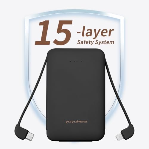 Ultra-Slim 5000 m Ah Power Bank with Built-In USB-C Cables – Dual Charging External Battery Pack for i Phone & Android – Lightweight Travel Companion in Black & Pink – Effortless Portability and Enhanced Device Compatibility