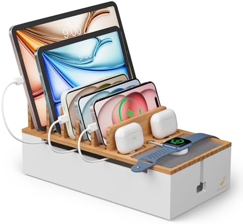 Pezin & Hulin Eco-Friendly Bamboo Cable Management Box – Sleek Desktop Organizer with 6 Cables for Tidy Charging Station, Stylish Wire Organizer for Electronic Devices, Enhances Workspace Efficiency and Aesthetics