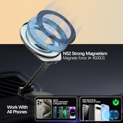 Revolutionary Alloy Folding Magnetic Phone Holder for All Smartphones – Versatile Dashboard Mount with Enhanced Magnetic Grip, 360-Degree Rotation, and Compact Design for Effortless Navigation in Your Vehicle, Perfect for i Phone and Android Users – Ultimate Driving Convenience and Safety