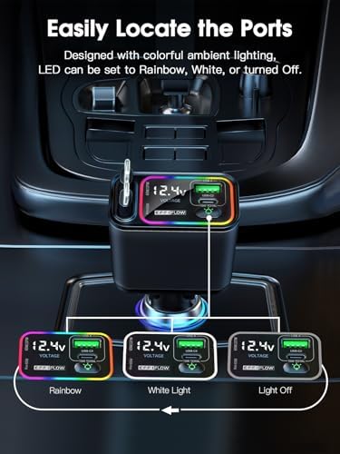 Ultimate 107 W Fast Charging Retractable Car Charger with Built-in Lightning & USB-C – Superior Compatibility for i Phone 16/15/14, Samsung S24/S23/S22, Pixel 9/8/7 – Sleek Black Design for Organized Travel and Efficient Power Solutions