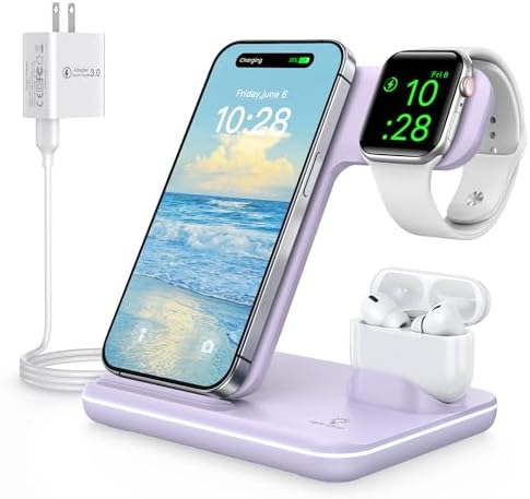 WAITIEE 3-in-1 Wireless Charging Station for i Phone, Apple Watch & Air Pods – Fast, Stylish Blue Charger with Enhanced Compatibility for i Phone 16, 15, 14, 13, 12, 11, X, 8 & Air Pods Pro – Ultimate Travel-Friendly Charging Solution with Safety Features