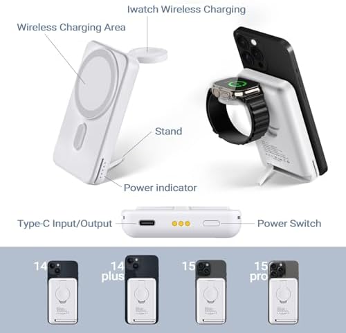 DDUAN 10000 m Ah Mag-Safe Wireless Power Bank – Dual Charging Solution for i Phone 15/14/13/12 & All Apple Watch Series with USB-C Cable – Sleek Portable Design for On-the-Go Convenience and Fast Charging Performance