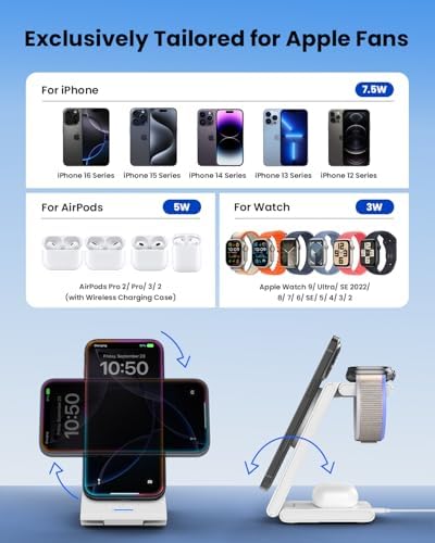 CIYOYO 3-in-1 Fast Wireless Charging Dock – Streamlined Power Hub for i Phone 16/15/14/13/12/SE, Apple Watch Series 9/8/7/6/SE/5/4, and Air Pods Pro/3/2 – Maximize Charging Efficiency with Innovative Safety Features and Sleek Aesthetic Design for Modern Living
