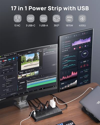 Maximize Your Power Potential with the TROND Heavy-Duty Surge Protector Power Strip: 13 Wide-Spaced Outlets, 32 W Quick Charge USB-C, 4000 Joules Protection, 5 ft Flat Plug Extension Cord, Wall Mountable Design for Seamless Integration in Home and Office Spaces – ETL Listed for Ultimate Safety and Reliability