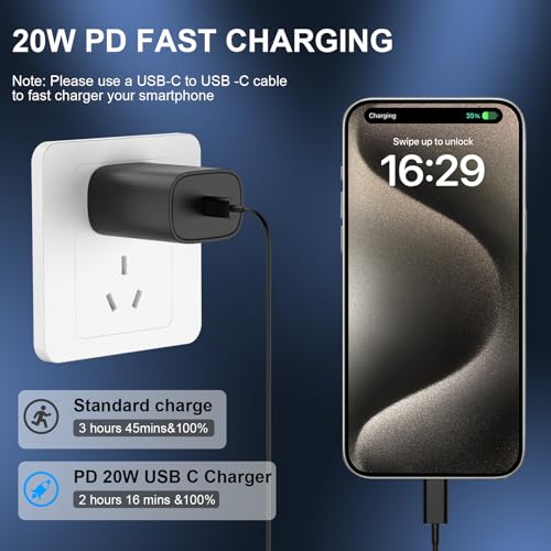 Experience Rapid Power Revitalization with the 20 W USB-C Fast Charger for i Phone 15 Pro Max – Complete with 6.6 FT Robust Cable for Ultimate Flexibility and Compatibility with i Pad Pro – Your Ideal On-the-Go Charging Solution with Enhanced Safety Features and Efficient Energy Delivery.