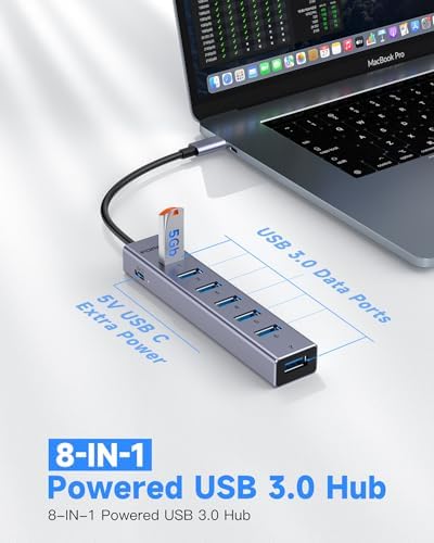 Elevate Your Connectivity Game with the FORIDA 8-Port USB 3.0 Hub – Ultimate USB Splitter Featuring 7 High-Speed Data Ports, USB-C Power Delivery, and a 47-Inch Versatile Cable for Laptops and PCs – Perfect for Seamless Device Integration and Enhanced Productivity