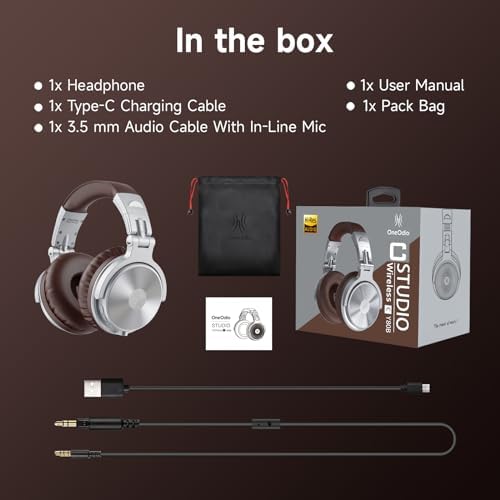 One Odio Studio Pro C Silver Over-Ear Bluetooth Headphones: Immerse Yourself in 110 Hours of Uninterrupted Wireless Audio with High-Performance 50 mm Neodymium Drivers for Rich Deep Bass and Crystal-Clear Sound; Effortlessly Portable Foldable Design Ideal for Travelers, Seamless Compatibility Across PCs, Phones, and Tablets for Ultimate Versatile Listening Experience