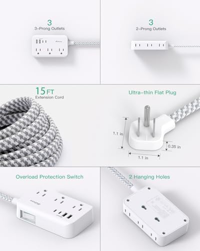 Compact Power Strip with 6 Outlets and 4 USB Ports (2 USB-C) – 5 Ft Braided Extension Cord with Ultra-Slim Flat Plug for Wall Mounting – Essential Overload Protection for Travel, Dorm Rooms, and Cruise Ships – Versatile Device Charger for Modern Living