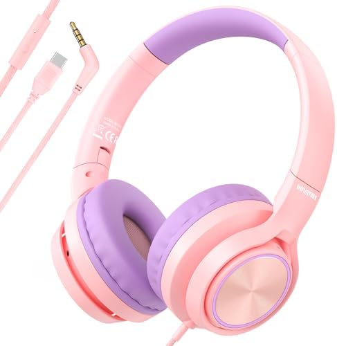 INFURTURE CH5 Kids Headphones – Safe Listening On-Ear Headphones with Volume Limiting Technology for Children, Lightweight and Comfortable Design in Trendy Pink, USB C & 3.5 mm Compatibility for School, Travel, and Home Use – Elevate Your Child’s Audio Experience with Exceptional Sound Quality and Fun