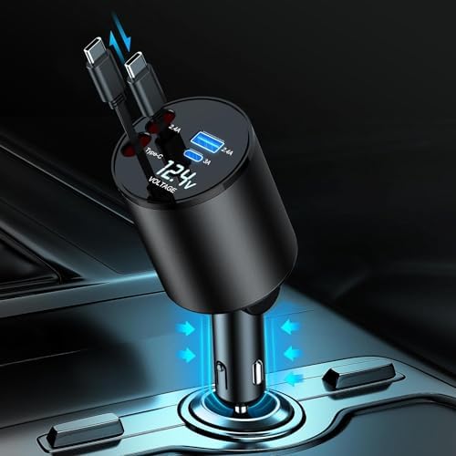 Ultimate 4-in-1 Retractable Car Charger – 60 W Super Fast Charging for i Phone 11-16, Galaxy, Pixel & Air Pods 4 – Dual USB Ports & Tangle-Free Cables for Maximum Convenience on the Go – Compact Power Adapter for All Your Devices