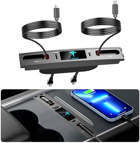 Experience Unmatched Charging Efficiency with the Premium Multi-Port USB Charger for 2021-2024 Tesla Model 3/Y – Sleek Design, Retractable Cable, and Dual Fast Charging Ports – Essential Accessory for Tesla Enthusiasts and Ideal Gifts for Tesla Owners – Elevate Your On-the-Go Connectivity with Enhanced Compatibility for All USB Devices