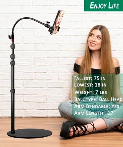 Phone Overhead Stand, Gooseneck Phone Floor Stand, Tall Video Cell Phone Mount with Height Adjustable Stand, Heavy Base, 360 Head, Works with iPhone 16, 16 Pro Max, 16 Plus, 15, 14, 13 – Enhanced Compatibility and Speed
