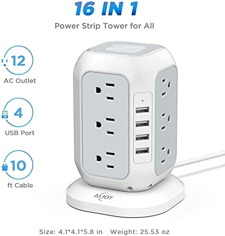 Ultimate Power Strip Tower with USB Ports – Ai Joy 12 AC Outlet Surge Protector and 4 USB Charging Station with 10 Ft Extension Cord, Overload Protection for Home, Office, and Dorm Use – Space-Saving Design for Enhanced Device Compatibility and Fast Charging