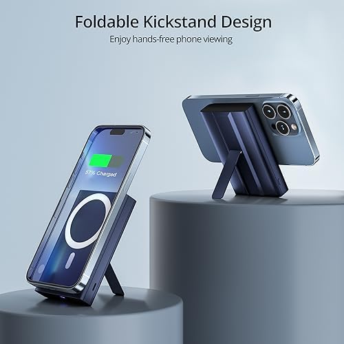 LULULOOK 10,000 m Ah Magnetic Power Bank for i Phone – Sleek Blue Mag-Safe Battery Pack with 15 W Fast Wireless Charging & Kickstand – Ultimate Portable Charger for i Phone 16/15/14/13/12 Mini Plus Pro – USB-C Cable Included – Perfect for On-the-Go Power Solutions