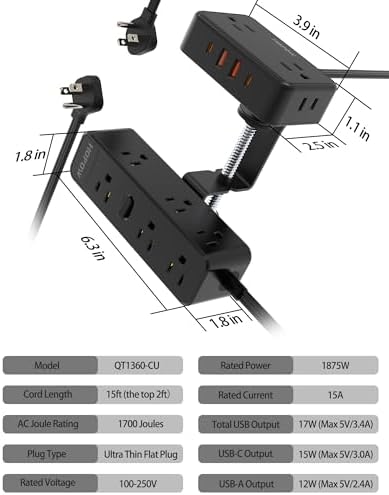 15 FT Under Desk Surge Protector Power Strip with 13 Outlets & 4 Fast Charging USB Ports – Dual Layer Desktop Clamp Charging Station for Home & Office – Enhanced Safety with 1700 Joules and Flexible Extension Cord
