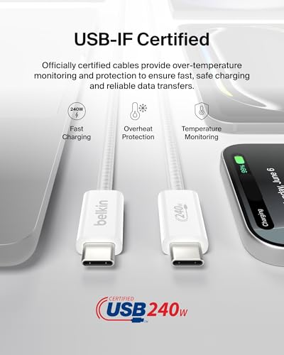 Belkin USB C to USB C Cable 2-Pack – 6.6 ft High-Speed Charging Solution for i Phone 16, Galaxy S25, Mac Book, and More – Durable Braided Design with 240 W Power Delivery for Ultimate Performance – Flexible and Stylish Charging Cords for Home, Office, and Travel