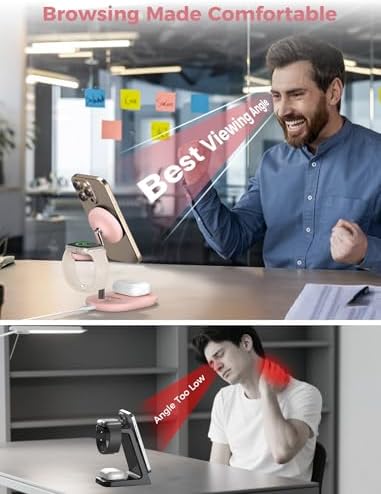 All-in-One Wireless Charging Station for Apple Devices – 15 W Fast Qi-Certified Mag-Safe Charger for i Phone 16, 15, 14, 13, 12, Apple Watch & Air Pods – Adjustable Viewing Angle, Ideal Gift for Women – Enhance Your Charging Efficiency and Style