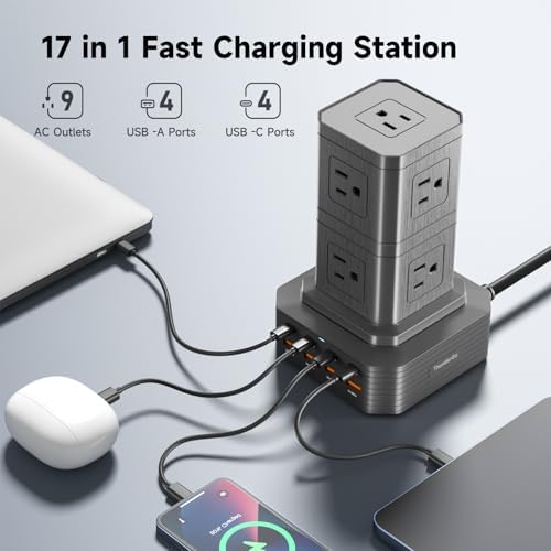Revolutionize Your Charging Experience with the 100 W USB-C Charging Station – 13-in-1 Surge Protector Power Strip Featuring 4 Rapid PD USB-C & 4 Versatile USB-A Ports for Seamless Compatibility with Mac Book Pro/Air, i Phone 15/14, i Pad, and More – Ultimate Multi-Device Charging Solution for Home and Office Efficiency