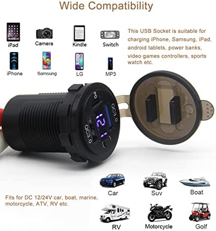12 V Dual USB C Car Charger Socket with Quick Charge 3.0, Integrated Voltmeter & Power Switch – Ultimate Charging Solution for Vehicles, Boats, and Trucks, Enhanced Versatility & Safety