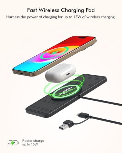 Effortless 15 W Wireless Car Charger Pad – Fast Charging for i Phone 16/15/14/13/12/11 & Samsung S24/S23/S22 – Non-Slip Design with Versatile Type C & A Port Adapter for Secure, Clutter-Free Travel Charging Solutions
