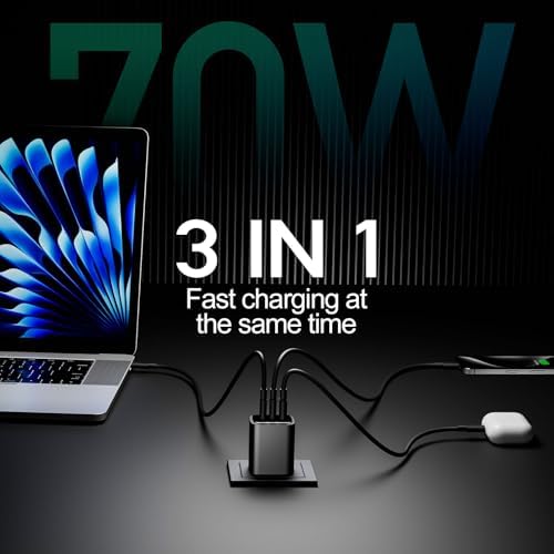 Ultra-Compact 70 W USB-C Fast Charger Block – 3-Port Charging Hub for Mac Book, i Pad, i Phone & Galaxy Devices – 45 W PPS Technology, Foldable Design for Travel, High Efficiency & Device Safety – Perfect for Charging Multiple Devices Simultaneously