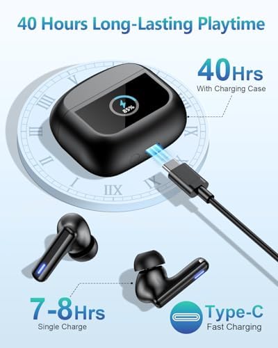 Premium Bluetooth Wireless Earbuds with Advanced Touch Control – Cutting-Edge ANC & ENC Noise Cancellation for Immersive Sound – 40 Hours Deep Bass Playback & IPX7 Waterproof Design for Ultimate Durability – Crystal Clear Call Quality with Integrated Microphones – 5 Customizable EQ Settings for Tailored Listening on i OS & Android Devices (Sleek Dark Blue) – Your Ideal Audio Companion for Active Lifestyles and Uninterrupted Enjoyment