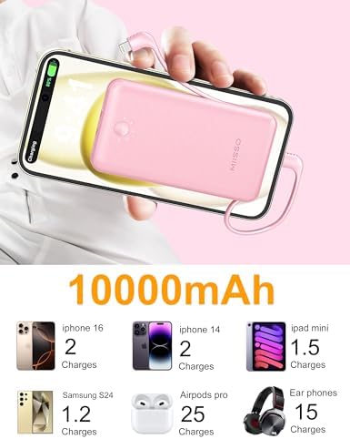 miisso Ultra Slim 10000 m Ah Portable Power Bank with Built-in Cables and Foldable Wall Plug – Compact USB-C Charger for i Phone, Samsung, i Pad & More – Perfect Travel Companion for On-the-Go Charging Efficiency