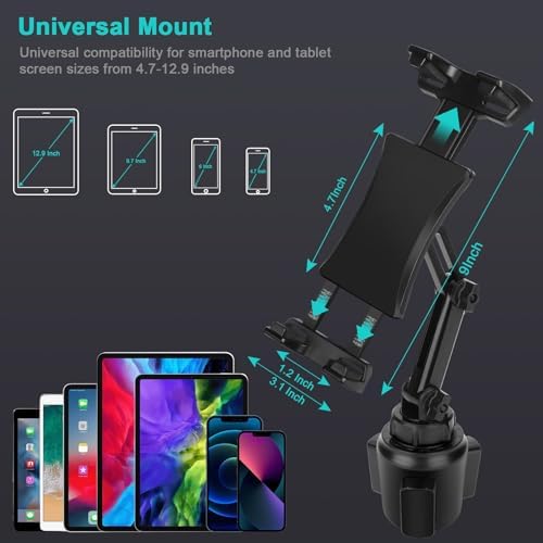 Universal Cup Holder Tablet Mount for Cars – 360° Rotating Adjustable Stand for i Pad Pro, Samsung Galaxy Tab, and Amazon Fire HD – Perfect Hands-Free Viewing for 4.7″ to 12.9″ Devices – Durable Long Arm Design for Ultimate Convenience on the Go