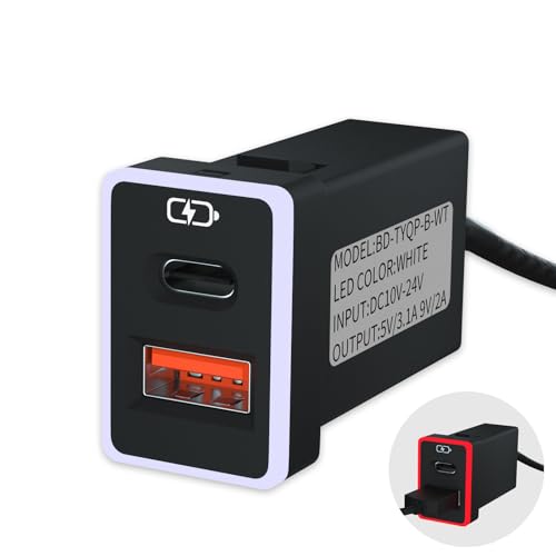 Compact Toyota-Compatible PD QC3.0 Fast Charging Car Charger with LED Light Show – USB Type-C Port for Seamless Compatibility with Smartphones and Tablets (White/Red, 1.3 x 0.9 inches) – Elevate Your Driving Experience with Rapid Charge Efficiency and Modern Aesthetic