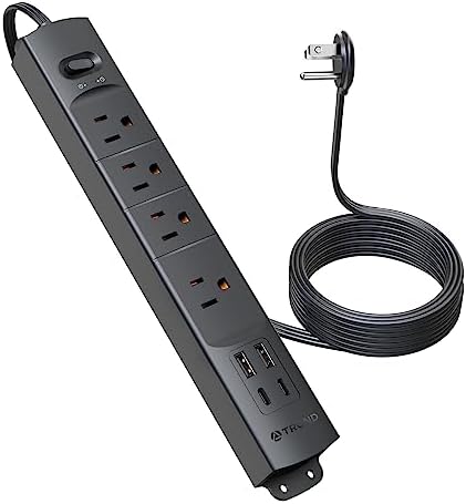 Ultra-Slim TROND Surge Protector Power Strip with 3 USB Ports & Type C – 4 AC Outlets for Maximum Device Protection & Charging Speed – 1440 J Surge Defense, ETL Listed, Space-Saving Wall Mount Design for Home Office & Dorm Use – Versatile Power Management Solution in Elegant Black