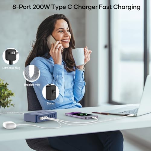 Transform Your Charging Routine with the 200 W 8-Port Fast Charging Hub – Multi-Device USB Station Featuring 65 W Laptop Adapter, Space-Saving Flat Plug, Durable Braided Cable, and User-Friendly On/Off Power Control for Optimal Performance and Safety