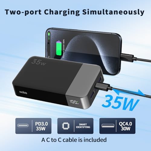 NOBIS 20000 m Ah Portable Power Bank – 35 W Fast Charging Battery Pack with USB-C Cable & Digital Display for Ultimate Device Compatibility – Stay Charged on the Go!