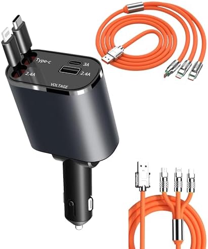 Universal 4-in-1 Fast Charge Retractable Car Charger – 100 W Power Delivery for i Phone 15/14/13 Pro Max, Galaxy & Pixel – Compact 2.6 ft Cables with Cigarette Lighter Adapter – Ideal Gift for Tech-Savvy Men & Women – Enhanced Speed & Compatibility for On-the-Go Charging Solutions