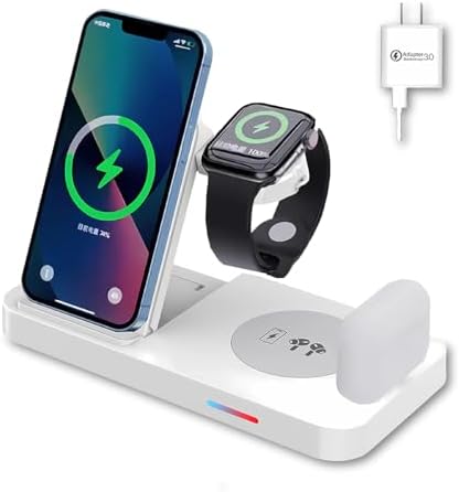 Ultimate 4-in-1 Qi-Certified Fast Wireless Charging Station for i Phone 16/15/14/13, Apple Watch Ultra/9/8, & Air Pods Pro – Seamless Device Powering with 18 W QC3.0 Adapter for Rapid Charging & Enhanced Compatibility