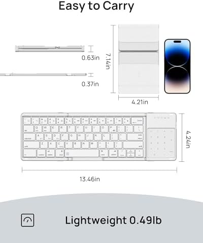 SODI Portable Foldable Wireless Keyboard with Touchpad – Rechargeable Travel-Friendly Keyboard for Mac, i Pad, and i Phone – Includes PU Leather Cover and Stand Holder for Enhanced Productivity on the Go