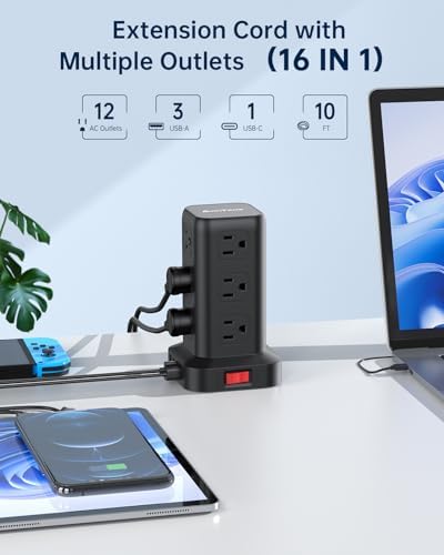 Ultimate Surge Protector Power Strip Tower with 10 FT Cord and 4 USB Ports (1 USB C) – 12 AC Outlets for Home Office and Dorm Room – Space-Saving Design with Enhanced Protection for Your Electronics and Fast Charging Solutions