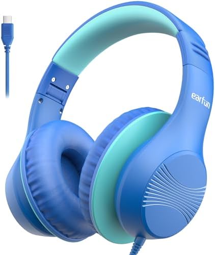 Transform Your Child’s Audio Adventures with Ear Fun K3 Kids Over-Ear Headphones – Engineered for Safe Listening with Volume Limiting, Exceptional HD Stereo Sound, and Travel-Friendly Foldable Design in Vibrant Blue – Ideal for School, Stylish for Every Young Explorer with Enhanced USB-C Compatibility!