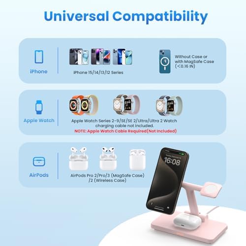 Joy Geek 3-in-1 Foldable Wireless Charging Station for Mag-Safe i Phone – Ultimate Travel Dock for i Phone 12-16 Pro Max, Apple Watch Series 4-10, and Air Pods Pro 2/3/4 – Fast, Compact, and Convenient Power Solution for On-the-Go Charging