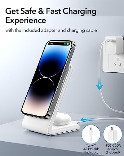 Meifigno Dual Pack Mag Safe-Compatible Fast Wireless Charger Stand with 20 W USB-C Block & 2 USB-C Cables – Premium Charging Solution for i Phone 16 Pro Max, 15, 14, 13, 12 & Air Pods 4/3/Pro – Sleek Design for Efficient Device Powering and Enhanced Compatibility