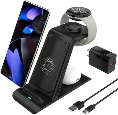 HATALKIN 3-in-1 Wireless Charging Station for Google Pixel Devices – Fast Charger for Pixel Watch 3/2, Pixel Buds Pro/2 with Adapter – Sleek Design for Home & Office with Enhanced Compatibility and Safety Features