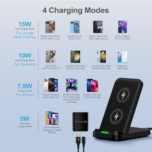 Elevate Your Charging Game: Fast 15 W Wireless Charger Pad for Moto G Power 5 G (2024/2025) & Moto G Stylus 5 G – Sleek Android Charging Stand with 18 W Adapter for Samsung S24/S23/S25+ – Enhanced Compatibility & Safety Features