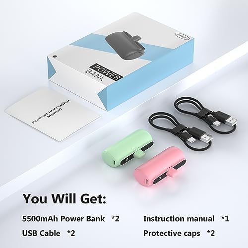 Dual Pack 5500 m Ah Mini Portable Charger for i Phone – Ultra-Compact Power Bank with PD Fast Charging in Stylish Black & Pink – Perfect Travel Accessory for i Phone 14/13/12/11/X/8/7/6 – Enhanced Compatibility & Convenience for On-the-Go Power