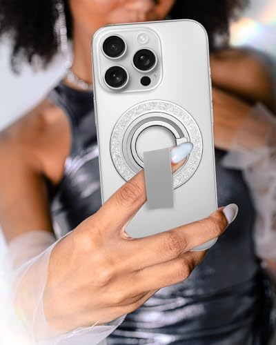 Tycamp Mag Safe-Compatible Glitter Phone Grip Ring Holder Stand for i Phone 16/15/14/13/12 Series – Stylish Magnetic Phone Accessory with Removable Rotating Design for Enhanced Grip and Glam Appeal in Black – Secure Attachment for Selfies, Texting, and Viewing