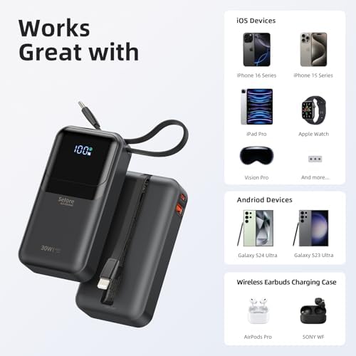 Ultimate 30 W Fast Charging Mini Power Bank for i Phone and Samsung – 10,000 m Ah Portable Charger with Built-In USB-C & Lightning Cables, LED Battery Indicator – Perfect Travel Companion for On-the-Go Charging