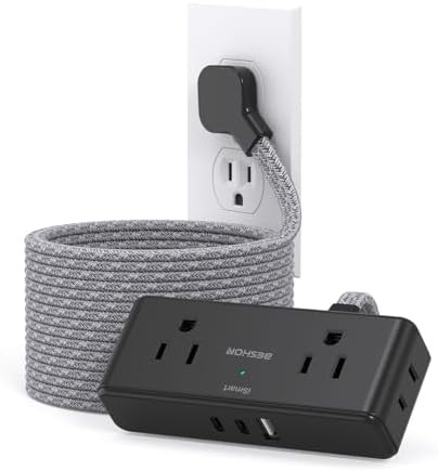 BESHON 10 ft Flat Plug Extension Cord with 4 Wide Outlets & 3 USB Ports (2 USB-C) – Versatile Power Strip for Home, Office & Dorm – Space-Saving Design with Surge Protection & Fast Charging Capabilities